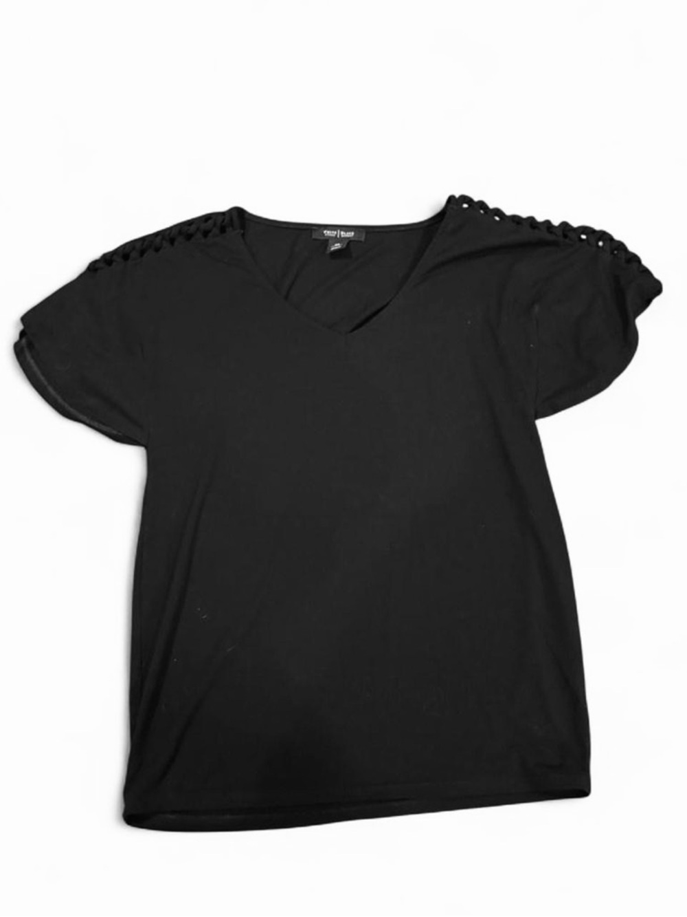 White House Black Market Black V-Neck Short Sleeve Top with Shoulder Lace-Up